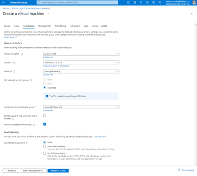 This is an image of the Azure Virtual Appliance  Networking tab settings.